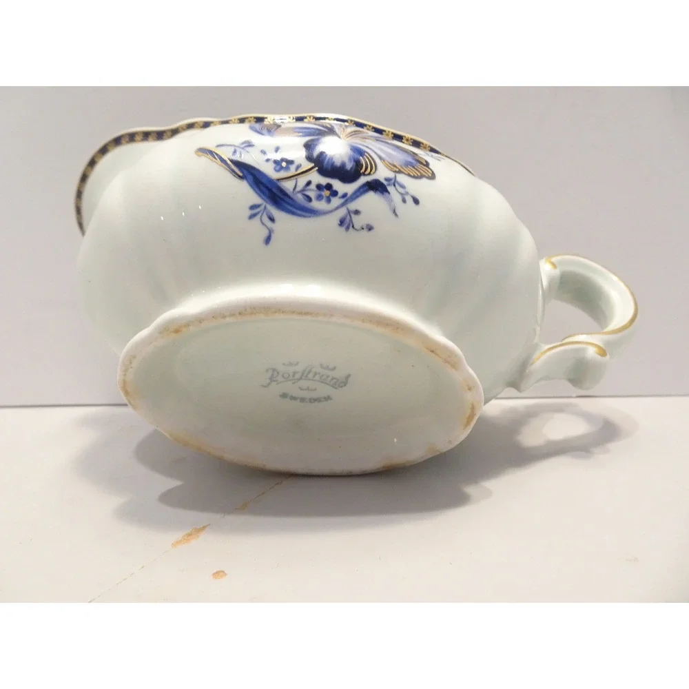 Rorstrand Sweden Gravy Boat Blue Floral Iris Gold Gilt Scalloped Porcelain